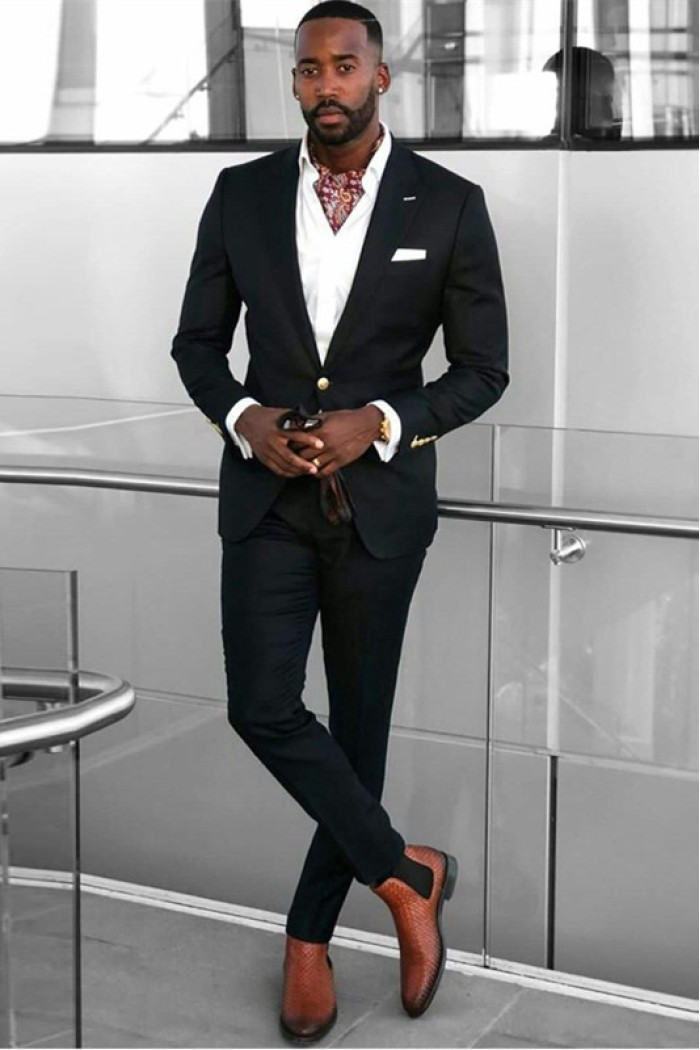 Kai Black Peaked Lapel Close Fitting One Button Formal Men Suits