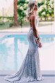 Charming Spaghetti Straps Open Back Silver Sequins Evening Dresses Charming Spaghetti Straps Open Back Silver Sequins Evening Dresses