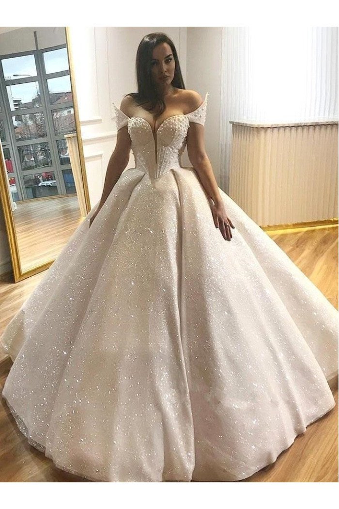 Popular Off The Shoulder Sweetheart Beading Sequins Ball Gown Wedding Dresses