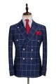 Stylish Dark Blue Double Breasted Plaid Men's Formal Suit
