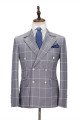 Stylish Silver Gray Plaid Peak Lapel Double Breasted Men's Suit