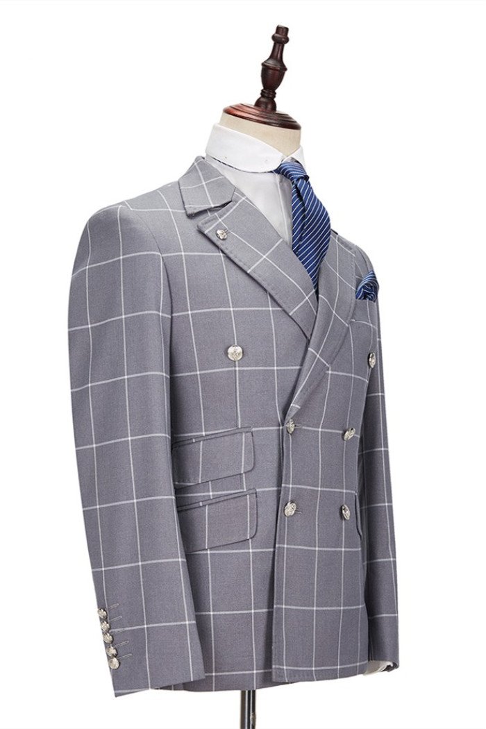 Stylish Silver Gray Plaid Peak Lapel Double Breasted Men's Suit