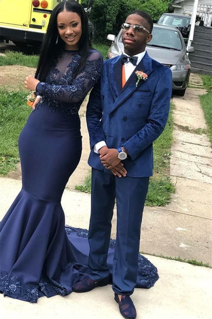 Navy Blue Velvet Men Suit | Fashion Peaked Lapel Double Breasted Prom Suit