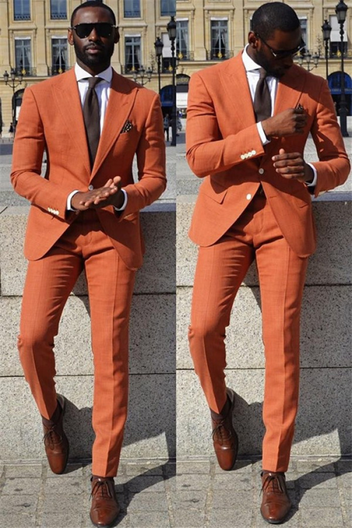 Orange Close Fitting Men Suit | Peaked Lapel Prom Suits