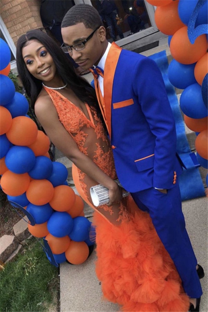 Unique Royal Blue Prom Suit | Close Fitting Men Suit with Orange Lapel