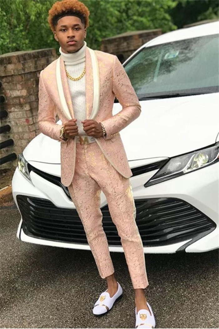 Pink Jacquard Men Suit for Prom | Stylish Shawl Lapel Prom Outfit