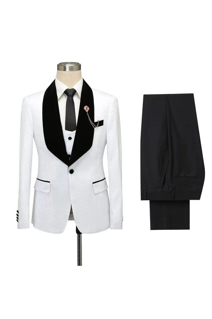 Fashion White Jacquard One Button Wedding Men Suits with Black Lapel