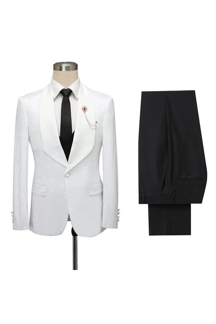Fashion White Jacquard Close Fitting Shawl Lapel Wedding Suits