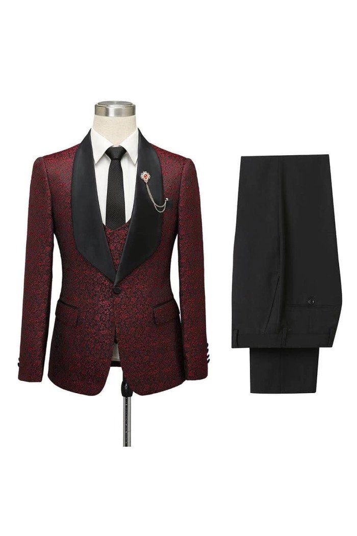 Latest Design Burgundy One Button Shawl Lapel Jacquard Wedding Groom Suits