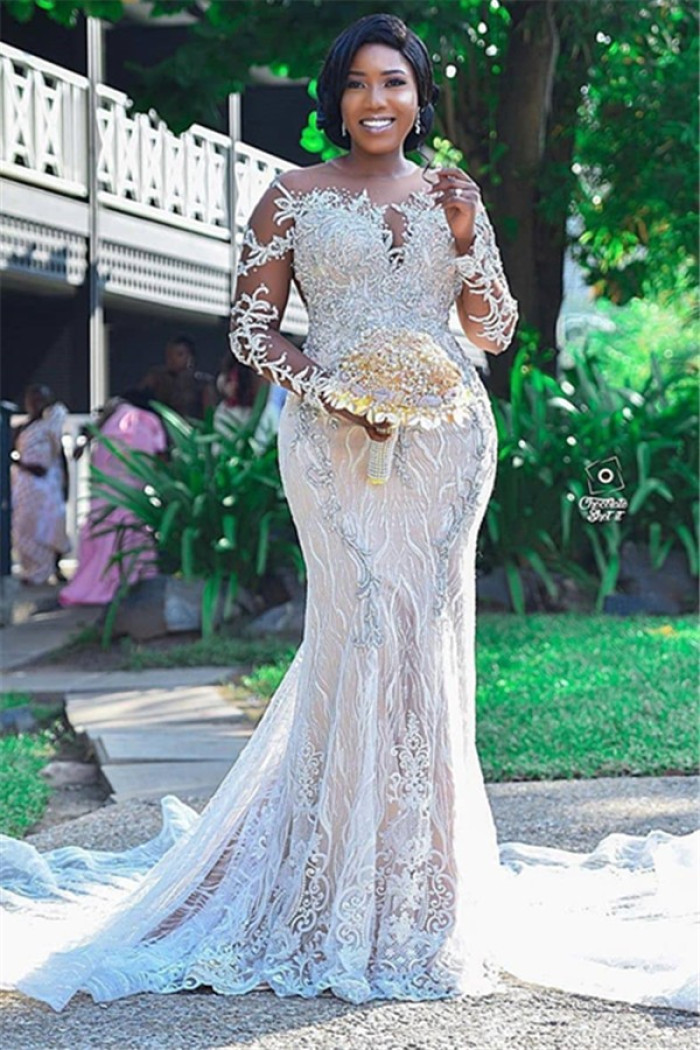 Beading Lace Appliques Mermaid Long Sleeve Plus Size Wedding Dresses 
