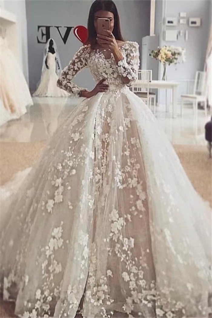 Delicate Lace Appliques Long Sleeves Tulle Floral Puffy Ball Gown Wedding Dresses