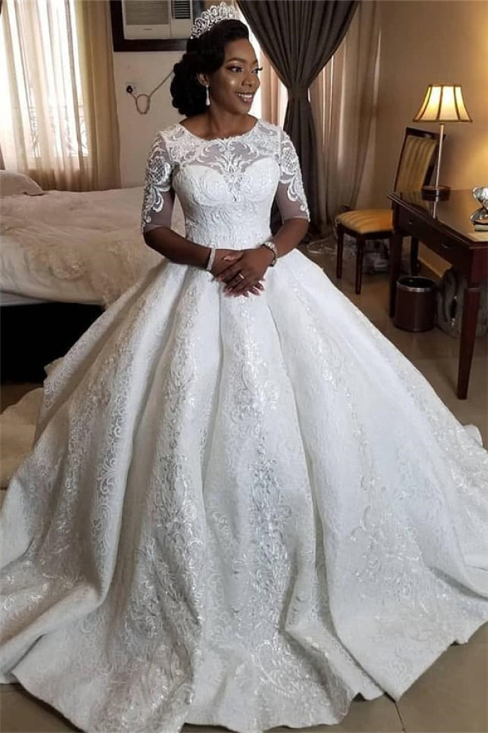 Gorgeous Half Sleeve Appliques Ball Gowns Lace Tulle Wedding Dresses