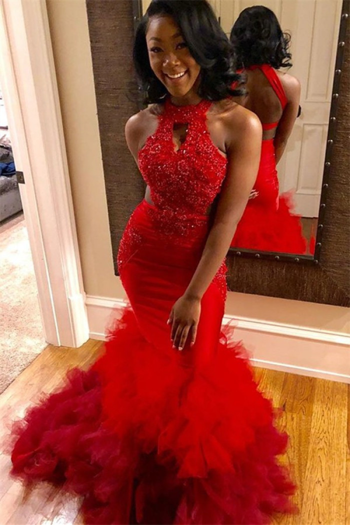 Backless Mermaid Tulle Ruffles Keyhole Beading Appliques Halter Prom Dresses Backless Mermaid Tulle Ruffles Keyhole Beading Appliques Halter Prom Dresses
