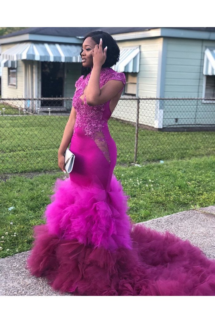 Mermaid High Neck Beaded Appliques Tulle Ruffles Train Prom Dresses Mermaid High Neck Beaded Appliques Tulle Ruffles Train Prom Dresses