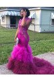 Mermaid High Neck Beaded Appliques Tulle Ruffles Train Prom Dresses