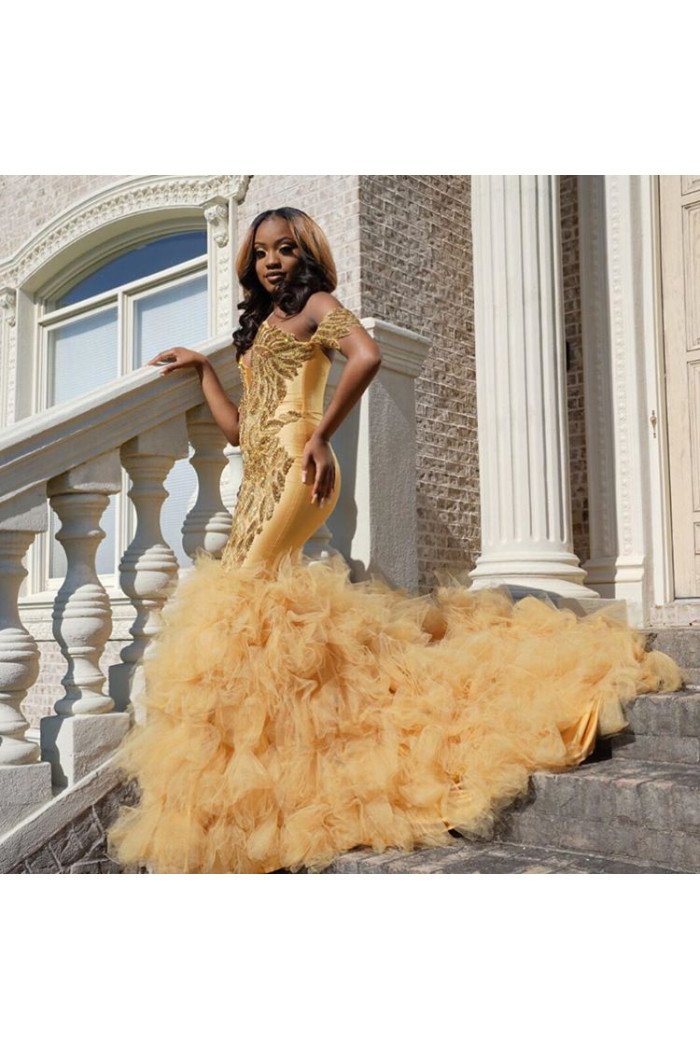 Gold Beads Off The Shoulder Crystal Tulle Ruffles Appliques Prom Dresses