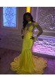 Amazing High Neck Mermaid Yellow Beading Long Sleeve Sheer Tulle Appliques Prom Dresses 