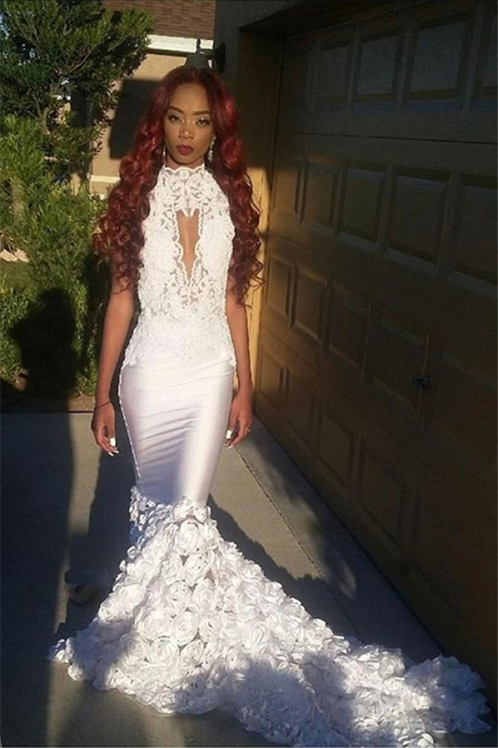 Elegant Sleeveless Lace Appliques Flowers Keyhole Mermaid Prom Dresses Elegant Sleeveless Lace Appliques Flowers Keyhole Mermaid Prom Dresses