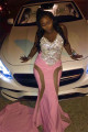 Sparkling Crystal Pink Mermaid V-neck Spaghetti Straps Prom Dresses