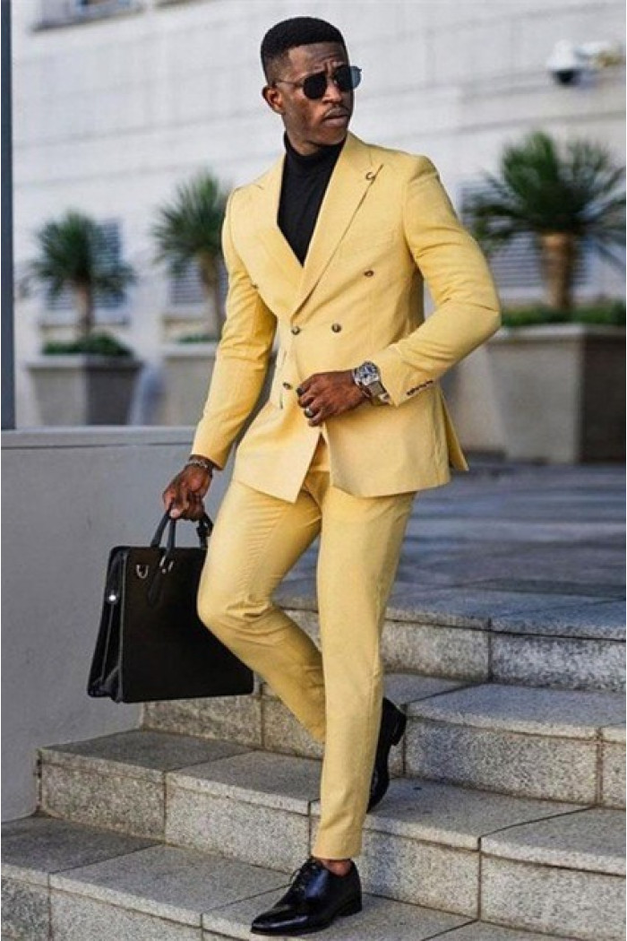 Fashion Slim Fit Yellow Double Breasted Peaked Lapel Prom Men Suits