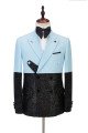 Chic Sky Blue Stitching Sparkle Black Peak Lapel Two Pieces Men's Suit