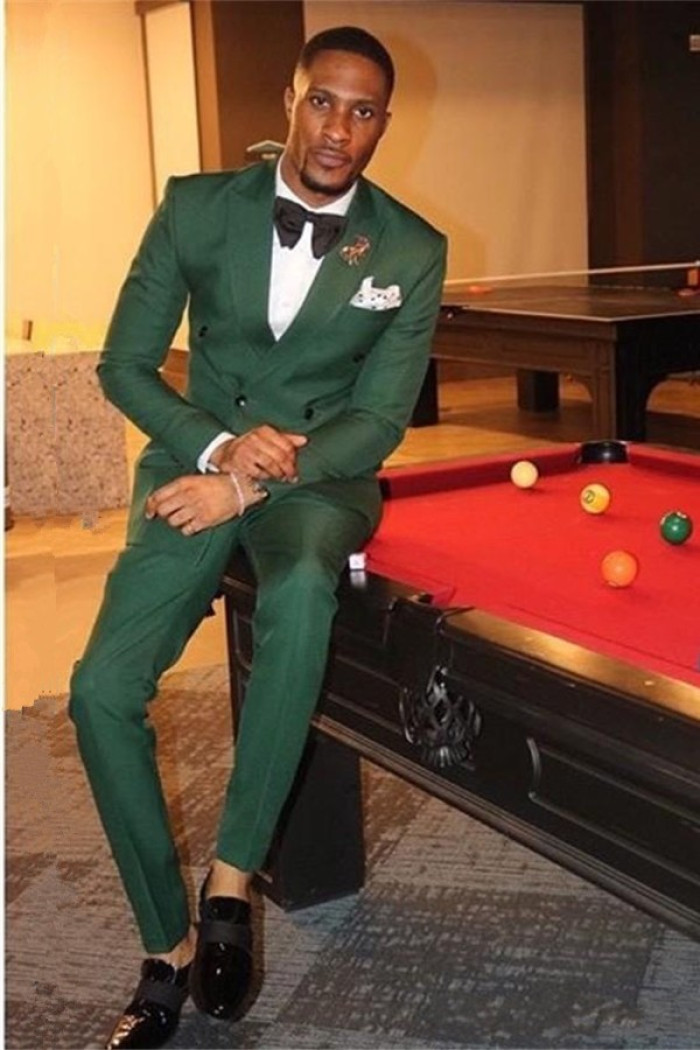 Dark Green Double Breasted Slim Fit Peaked Lapel Two Piece Mens Suit