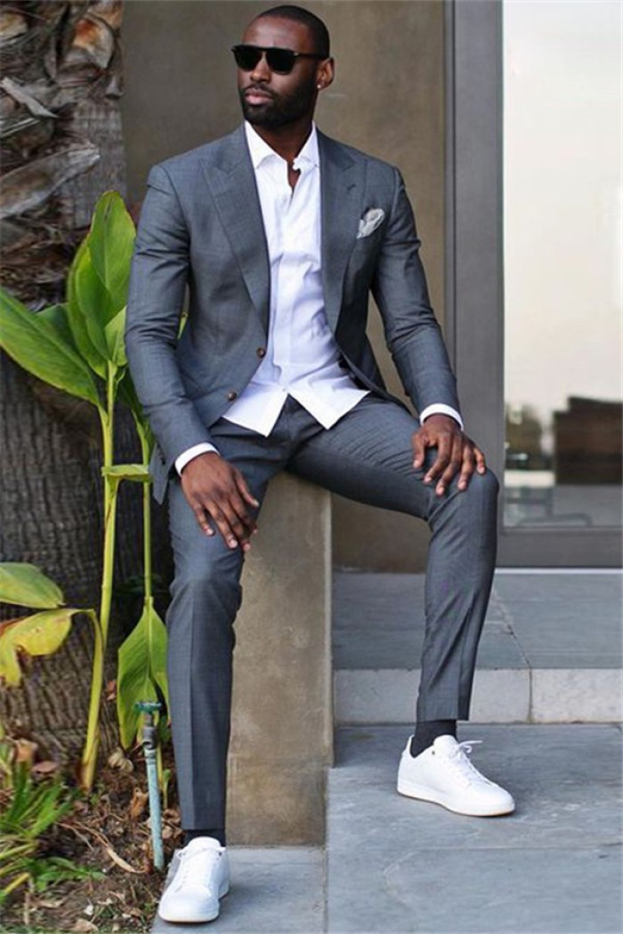 Caleb Dark Gray Peaked Lapel Close Fitting Stylish Formal Business Men Suit
