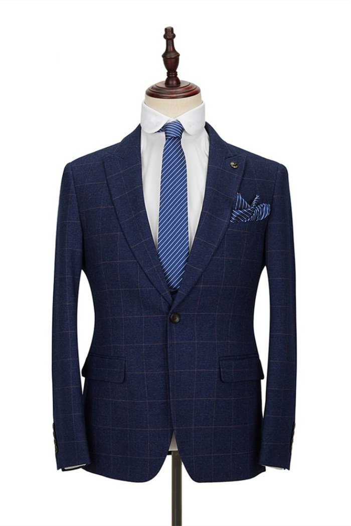 Classic Blue Plaid Peak Lapel Three Pieces Men's Suit with Double Breasted