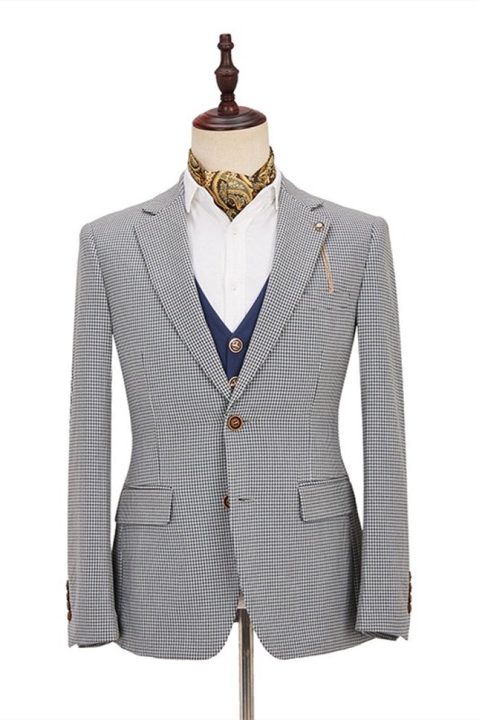 Stylish Black-and-White Plaid Slim Fit Three Pieces Men's Suit with Denim Blue Waistcoat