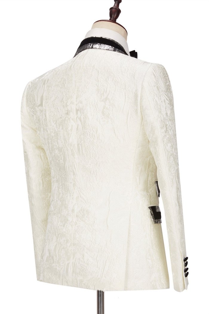 Fashion White Jacquard Sparkle Silver Gray Lapel Flaps Black Men's Wedding Suits Tuxedos