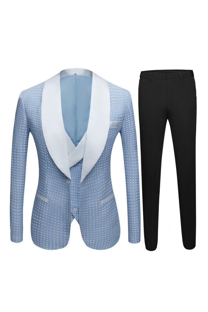 Newest Sky Blue Stylish Dot Wedding Groom Suits with Shawl Lapel
