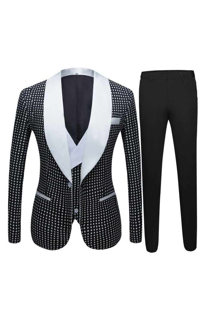 Shane Black Dot Close Fitting Shawl Lapel Wedding Tuxedo for Men