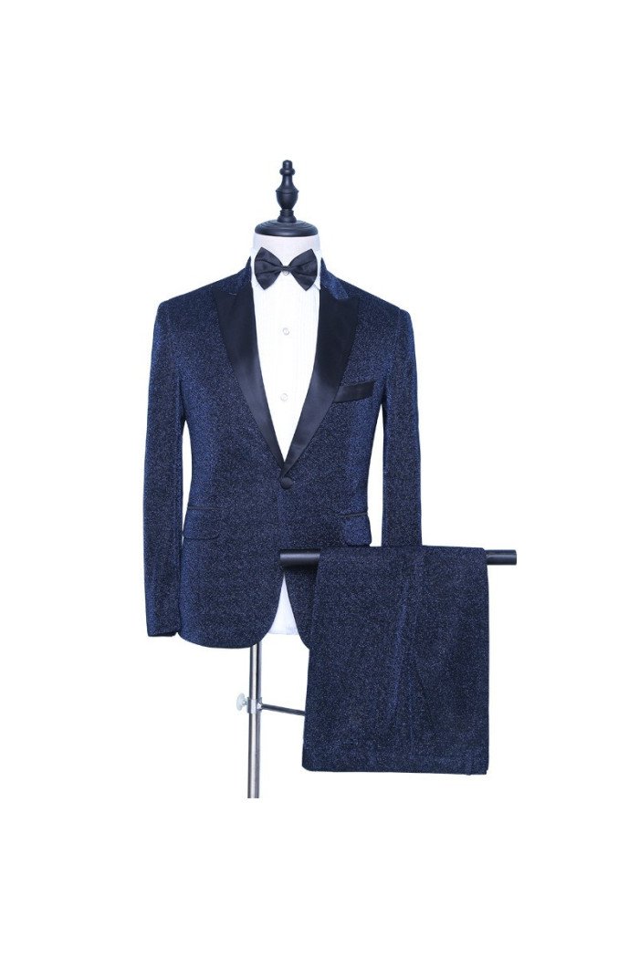 Cool Sparkly Dark Navy Peaked Lapel Stylish Men Suits for Prom