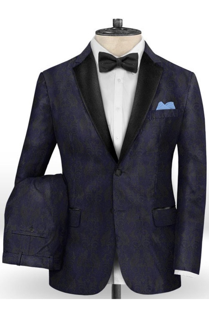 Adolfo Navy Blue Jacquard Tuxedo | Slim Fit Two Buttons Men Suits