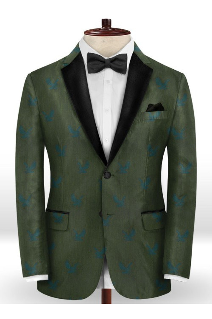 Addison Dark Green Printed Suits for Men | Bespoke Prom Outfit Men Suits with Black Lapel