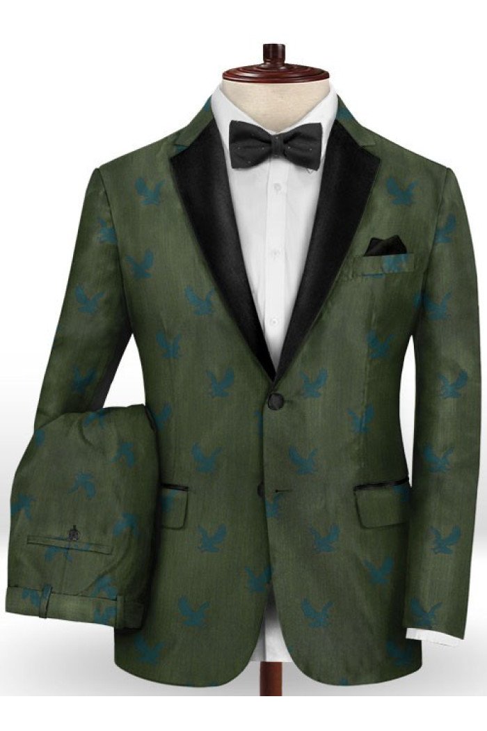Addison Dark Green Printed Suits for Men | Bespoke Prom Outfit Men Suits with Black Lapel