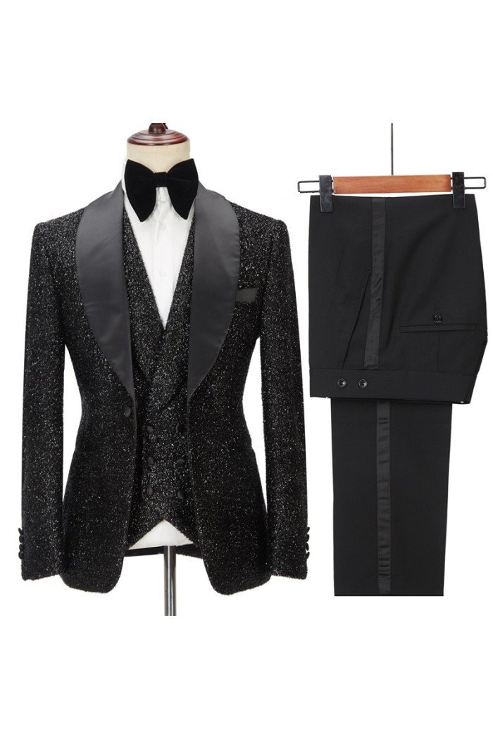 Kane Sparkly Black 3 Pieces Shawl Lapel Bespoke Wedding Suit for Men