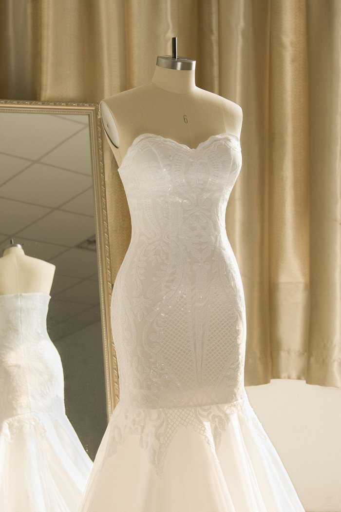 Sparkle Sweetheart White Sequins Appliques Mermaid Court Train Wedding Dresses