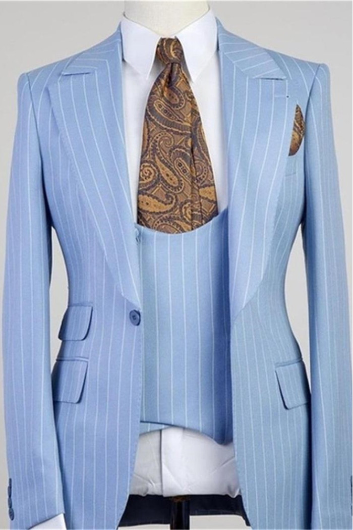 Isiah Stylish Blue Stripe Peaked Lapel 3 Pieces Men Suits