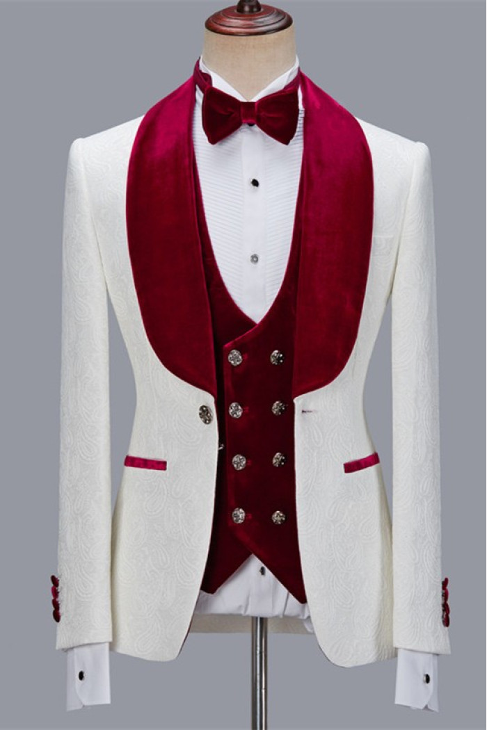 Sonny White Jacquard 3 Pieces Wedding Groom Men's Suits with Velvet Lapel