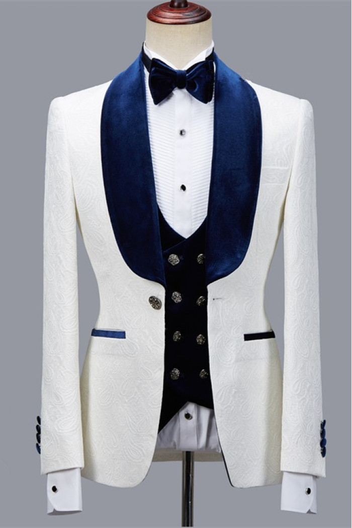 Stylish White Jacquard Shawl Lapel Men's Suit for Wedding