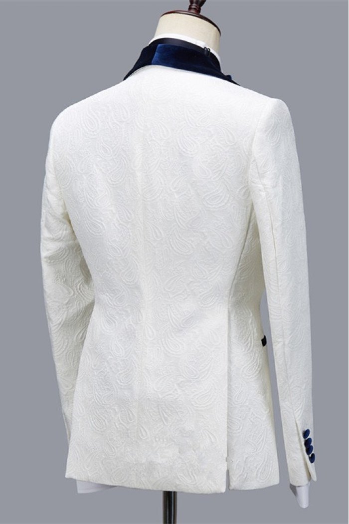 Stylish White Jacquard Shawl Lapel Men's Suit for Wedding