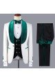 Gorgeous Chic Jacquard 3 Pieces White Wedding Suit with Green Lapel