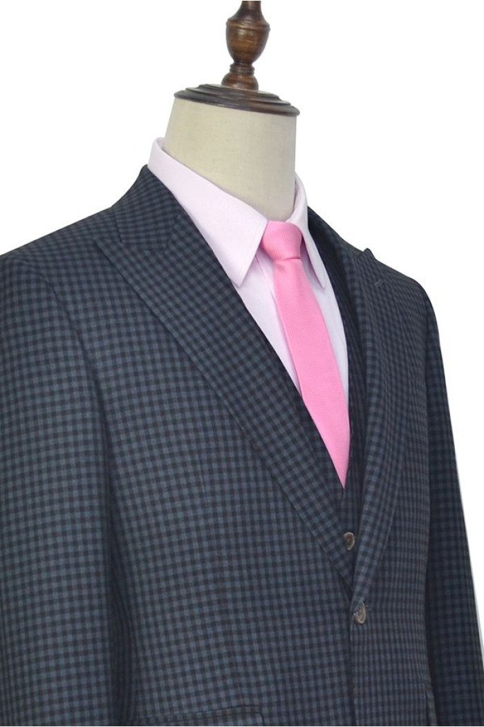 Dark Gray Small Check Three Piece Mens Suits | One Button Formal Business Suits