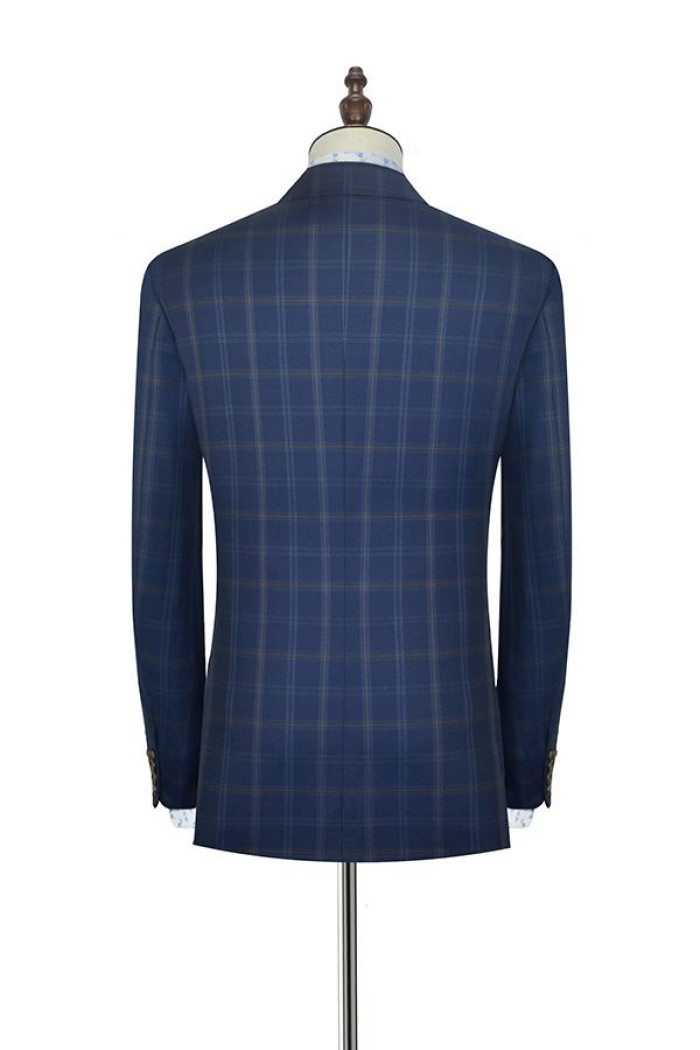 Check Pattern Blue Suits for Men | Notch Lapel Flap Pocket Plaid Mens Suits for Business