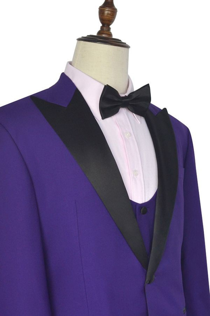 Black Silk Peak Lapel Three Piece Wedding Tuxedos | Mens Suits with Vest for Prom