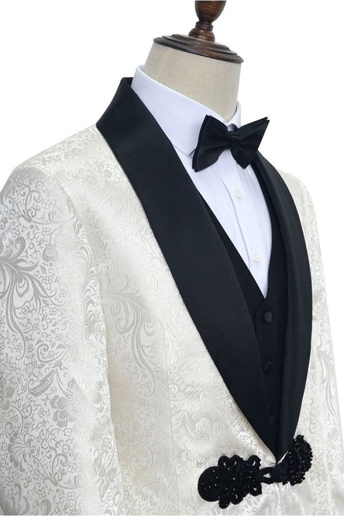 Stylish Knitted Button Black Shawl Lapel Three Piece White Jacquard Wedding Tuxedo for Men