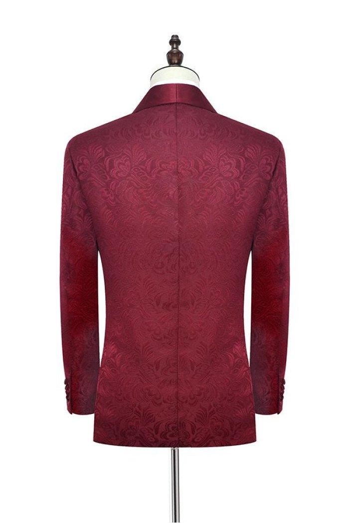 Luxury Burgundy Jacquard One Button Silk Shawl Lapel Mens Suits for Wedding and Prom