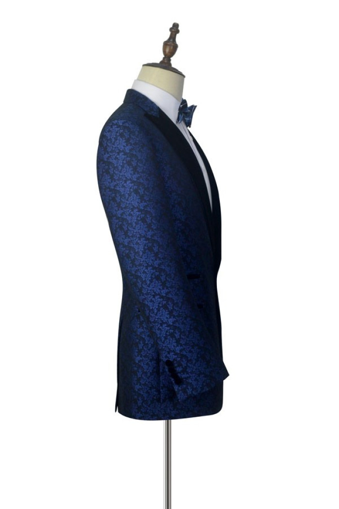 Blue Floral Patter Tuxedos for Wedding | Black Velvet Peak Collar Prom Suits