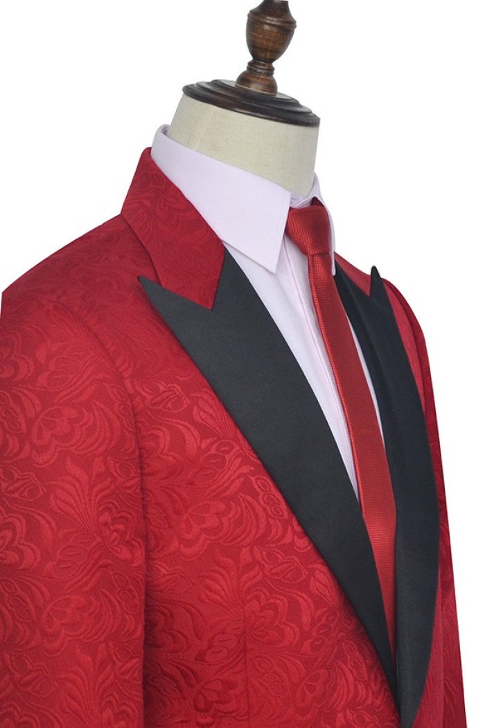 Bright Red Jacquard Peak Lapel with Black Silk Unique Mens Suits